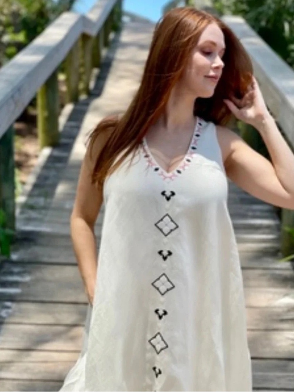 Hatch Maternity Cream Sleeveless V-Neck Embroidered Dress